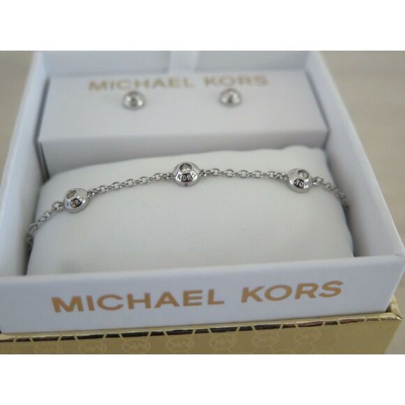 Michael Kors MKJ7931040 Silver Tone Slider Bracelet & Crystal Stud Earring Set - Picture 1 of 10